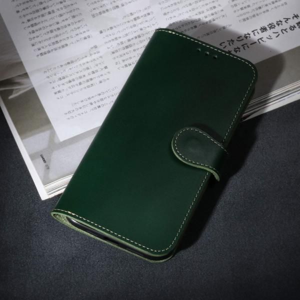 [HANATORA] iPhone12 Pro Max ケース 手帳型 本革 イタリアンレザー スマホケース マグネットなし グリーン 緑