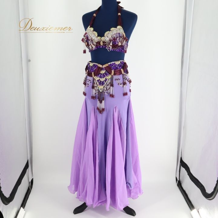 ベリーダンス オリエンタル 衣装 上下セット レディース パープル系 紫 ビーズ スパンコールラメ 装飾 フリル レース 舞台 発表会 イベント フルセット コスチューム ダンス衣装 ステージ衣装 女性用 おしゃれ 豪華 発表会衣装 ベリーダンス衣装 かわいい