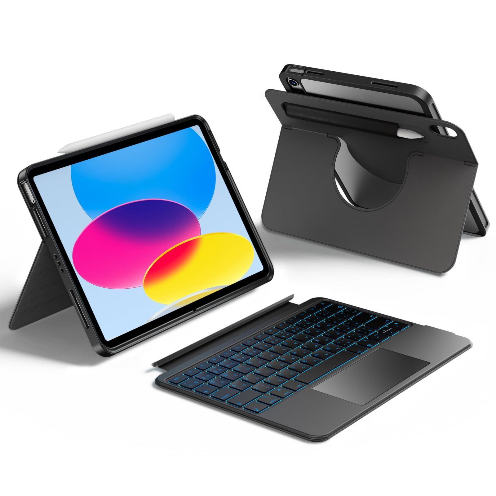 HOU対応 iPad 11インチA16 2025|10世代 ケース キーボード iPad第11|10世代用回転式＆着脱式キーボードケース 伸縮性ペンホルダー 完全保護カバー 7色バックライト マルチタッチトラックパッド 日本語配列