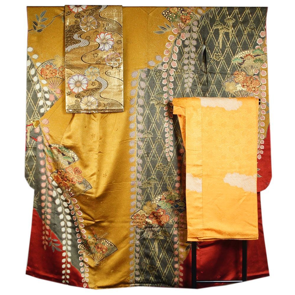 振袖セット 振袖・袋帯・長襦袢 3点 セット 難有品 着付け練習用 扇に