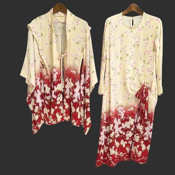au ワンダフルワールド カネコイサオ セットアップ 桜柄 縮緬 ちりめん 羽織り ワンピース 2002年 和風 着物 970586 k01