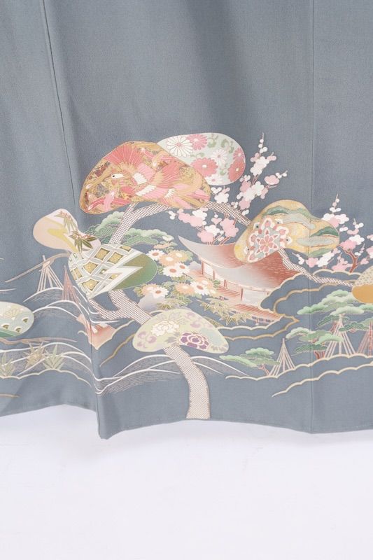 色留袖　グレー　ひわ　茶　緑　紫　ゴール花　波　七宝　手描き京友禅　五つ紋　だきみようが　作家者 A032 色留袖 グレー ひわ 茶 緑 紫 ゴール花 波 七宝 手描き京友禅 五つ紋