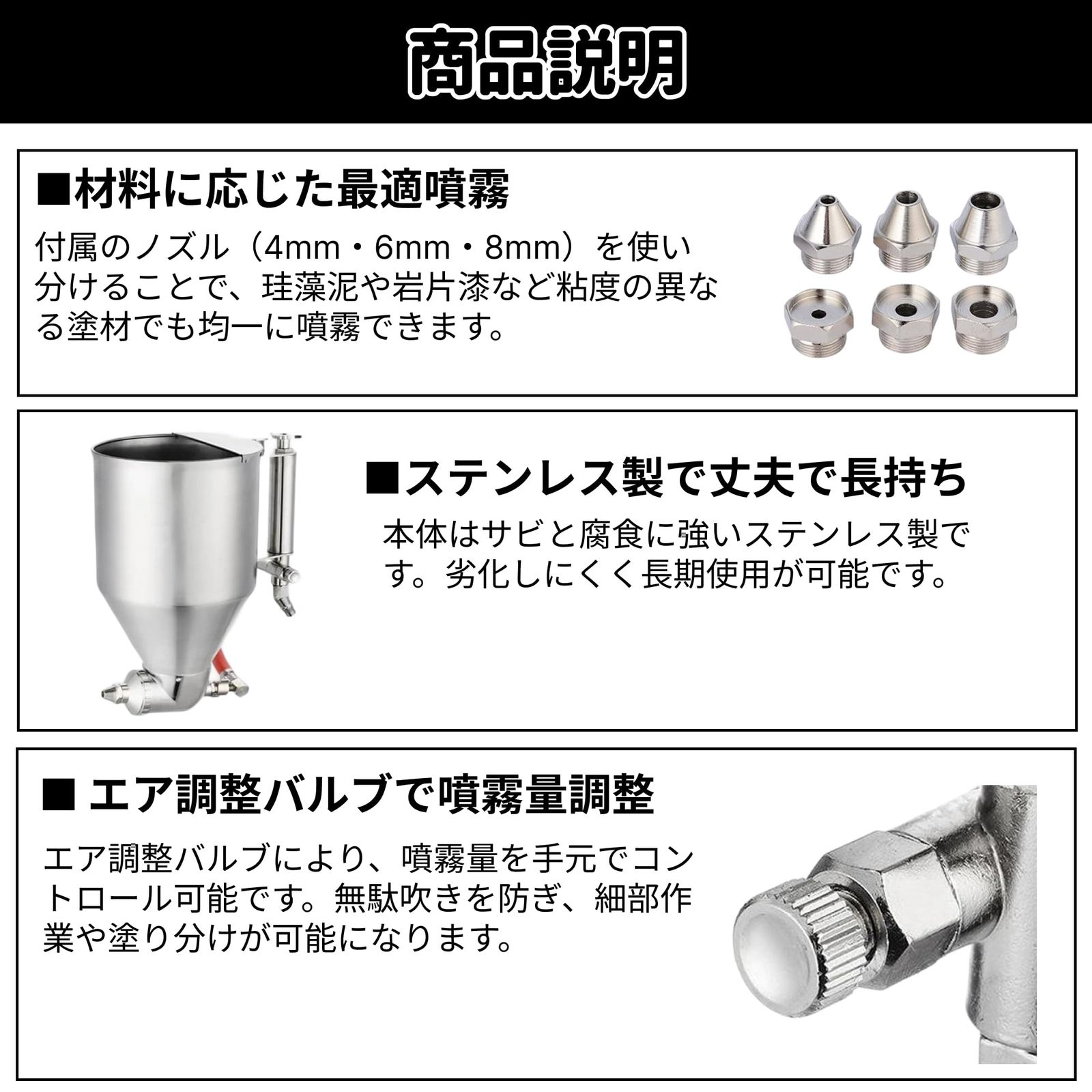 リシンガン ノズル6種付 重力式 エア 建築塗装用 カプラーなし エアー スプレーガン 3.5L 外壁 吹付 塗装 モルタル スタッコ セメント エアー 建築塗装用 リシンガン 3.5L 外壁 吹付