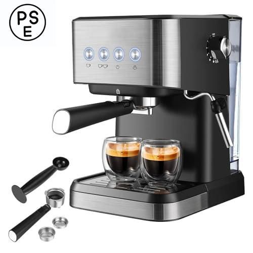 エスプレッソマシン 1050W オールインワン半自動コーヒーマシン ミルク泡立て器スチームワンド 1.5L水タンク コーヒーポルタフィルター ポルタフィルターバスケ