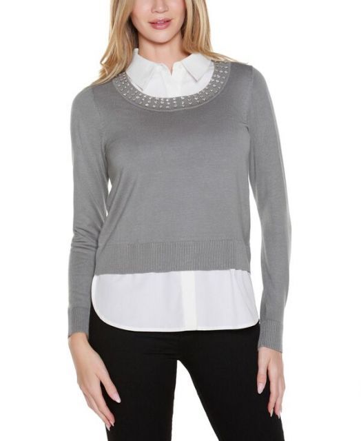 【送料無料】 ベルディーニ レディース ニット・セーター アウター Women's Rhinestone-Neckline Two-Fer Sweater Pebble White