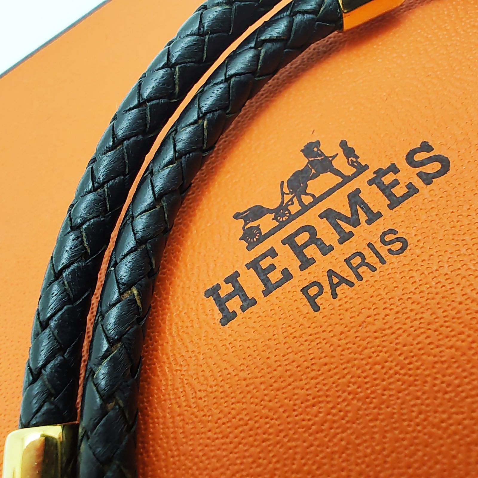 エルメス ジャンボ ブレスレット レザー ブラック 編み込み バングル