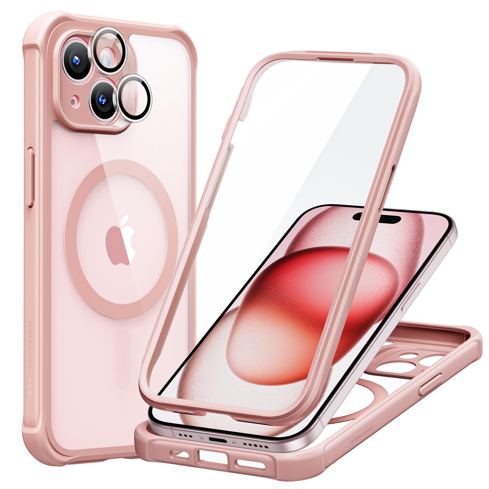 ケース ケース iphone15 Armorシリーズ 耐傷性 全面保護タイプ軍用規格保護力 クリアピンク MagSafe互換スマホケース対応 いphone15 1セット個別レンズ保護フィルム ケースセット 15 iPhone ESR