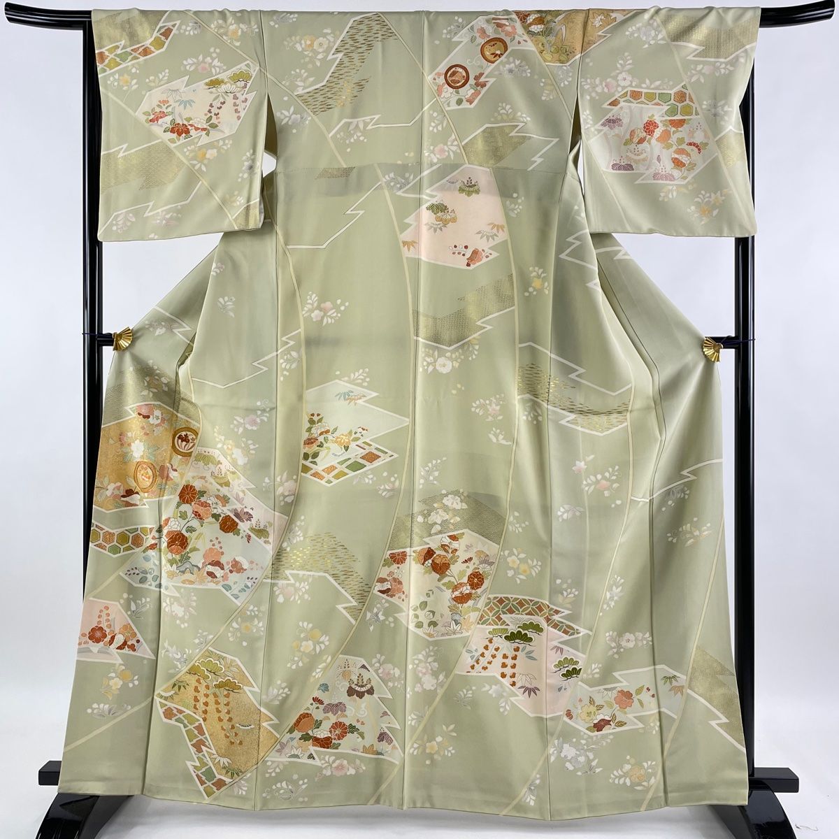 訪問着 身丈158.5cm 裄丈66cm M 袷 落款あり 草花 薄オレンジ 正絹 優品 中古