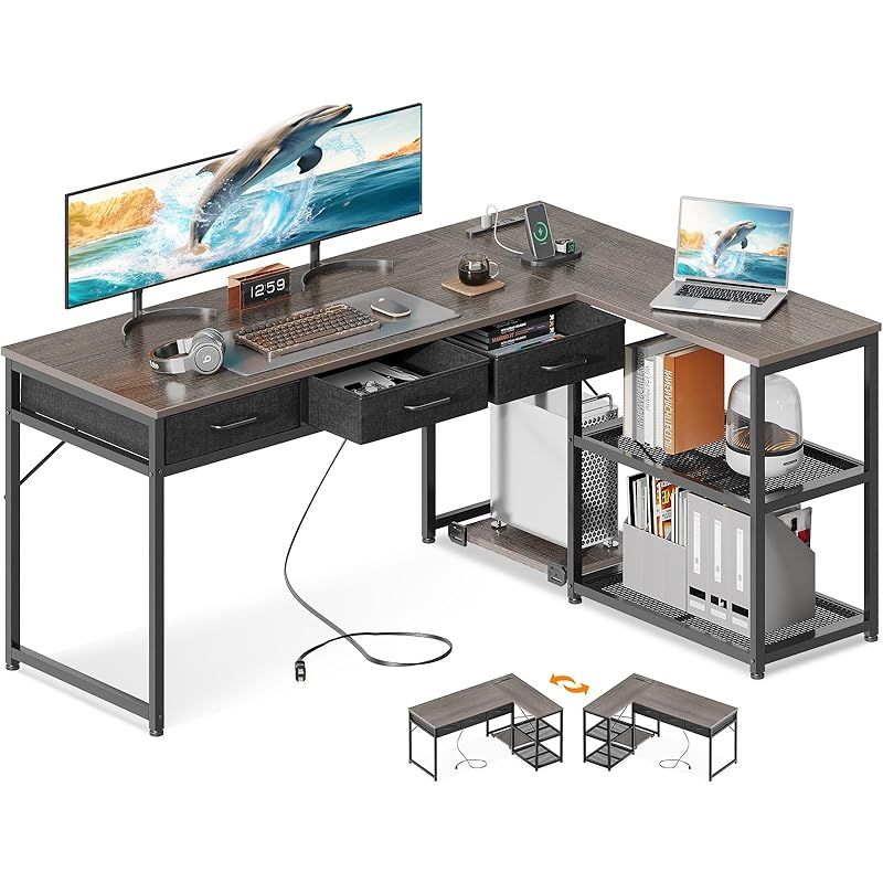 ODK ゲーミングデスク 引き出し3杯付き パソコンデスク コンセント付き