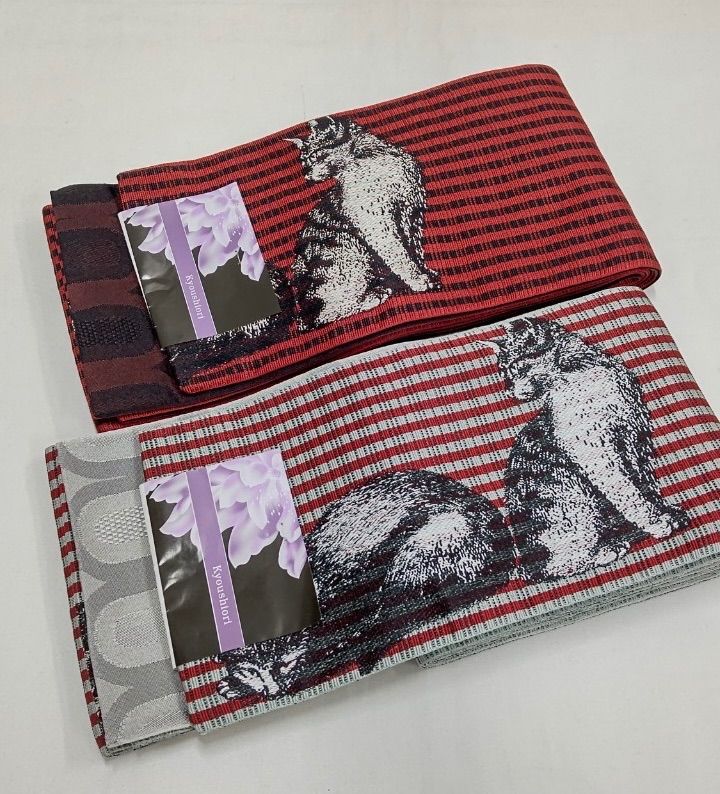 ≪花ラブリ≫HO733 ︎入荷 ︎ 長尺半巾帯 猫 ねこ 幾何学模様 赤 レッド 緑 グリーン 黒 ブラック 灰色 グレー 花火大会 縁日 お祭り 夏祭り 和装 和服