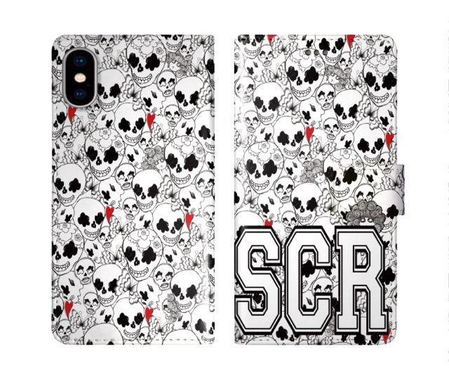 [iPhone11] iPhone15 ケース スカラー スマホケース 手帳型 iPhone16 ケース iPhone 16 15 14 13 SE 第3世代 第2世代 スマホカバー 全機種対応 手帳 ScoLar スカル大集合 ドクロ ハート ホワイト ロゴ