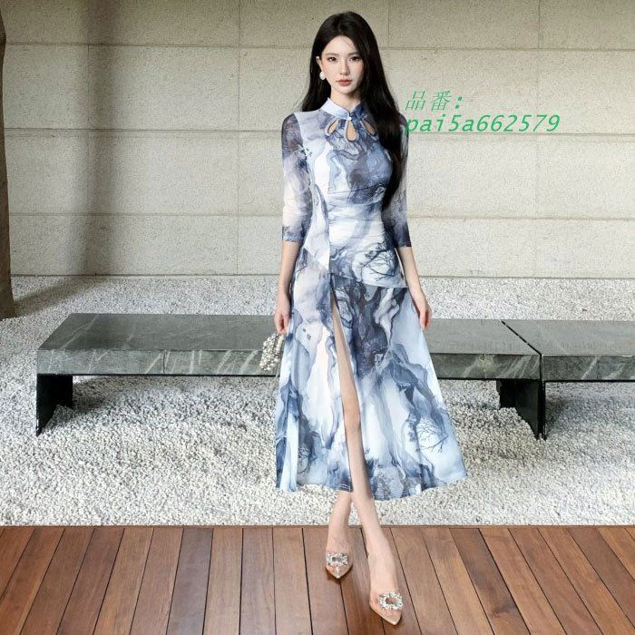 胸元開き深スリット チャイナドレス風五分袖タイトロングワンピース キャバ スナック ラウンジ レディース セクシー 韓国 pai5a662579