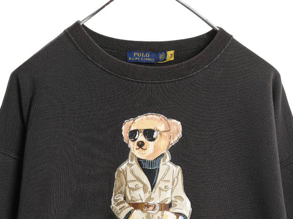 な ! ポロベア ポロ ラルフローレン プリント スウェット レディース L トレーナー クルーネック ショート丈 裏起毛 キャラクター トップス 黒