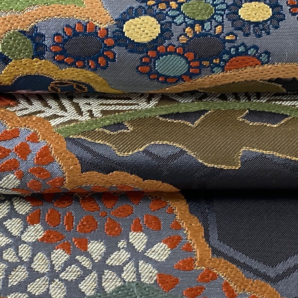 袋帯 逸品 洛風林 落款 松 宝尽くし 金糸 紺色 六通 正絹 【中古