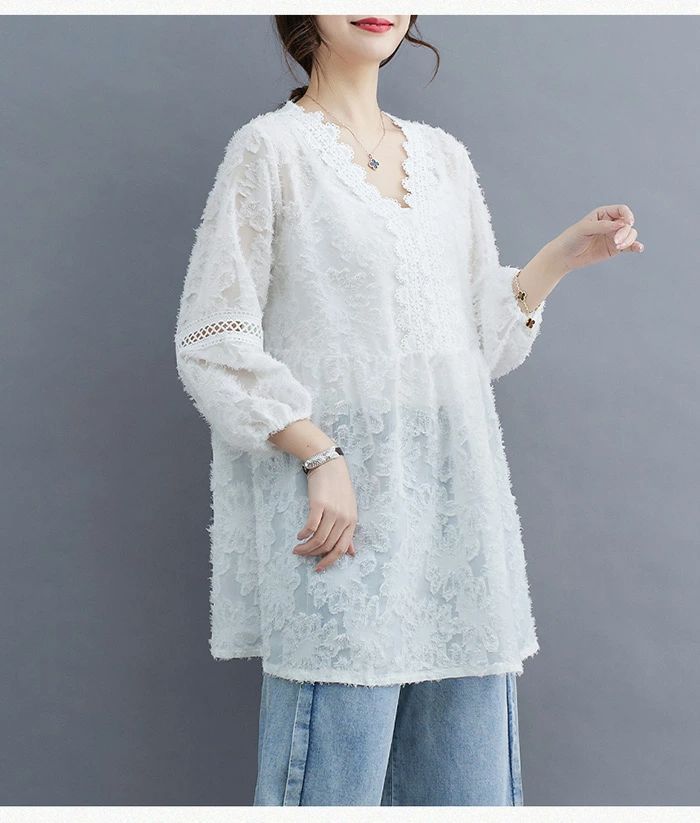 ブラウス七分袖シャツ花柄刺繍Ｔシャツ大きいサイズ レディース綿チュニックスエスニック風ナチュラル森ガール風エレガン上着 卒業式 花柄刺繍7分袖シャツチュニック（シャツ/ブラウス）｜Sawa a la
