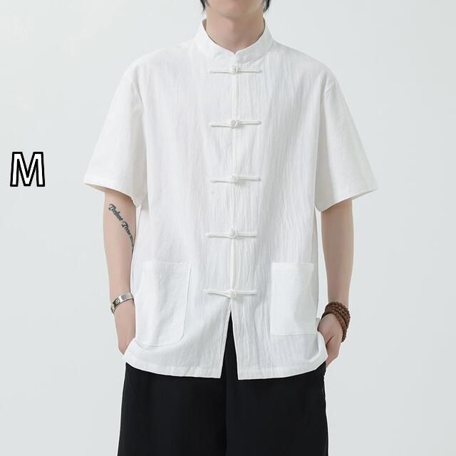 [M] メンズ ファッション 服 男性用 オシャレ シンプル 大人 かっこいい 大きいサイズ ストリート 紳士服 ボタン 半袖 唐 スーツ シャツ 綿 リネンシャツ 夏 スタイル リネン