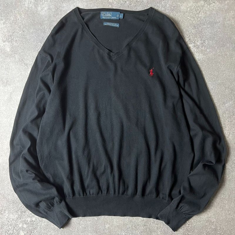 90s POLO RALPH LAUREN ピマ コットン ニット セーター XL / 90年代 オールド ポロ ラルフローレン ポニー刺繍 ブラック 黒