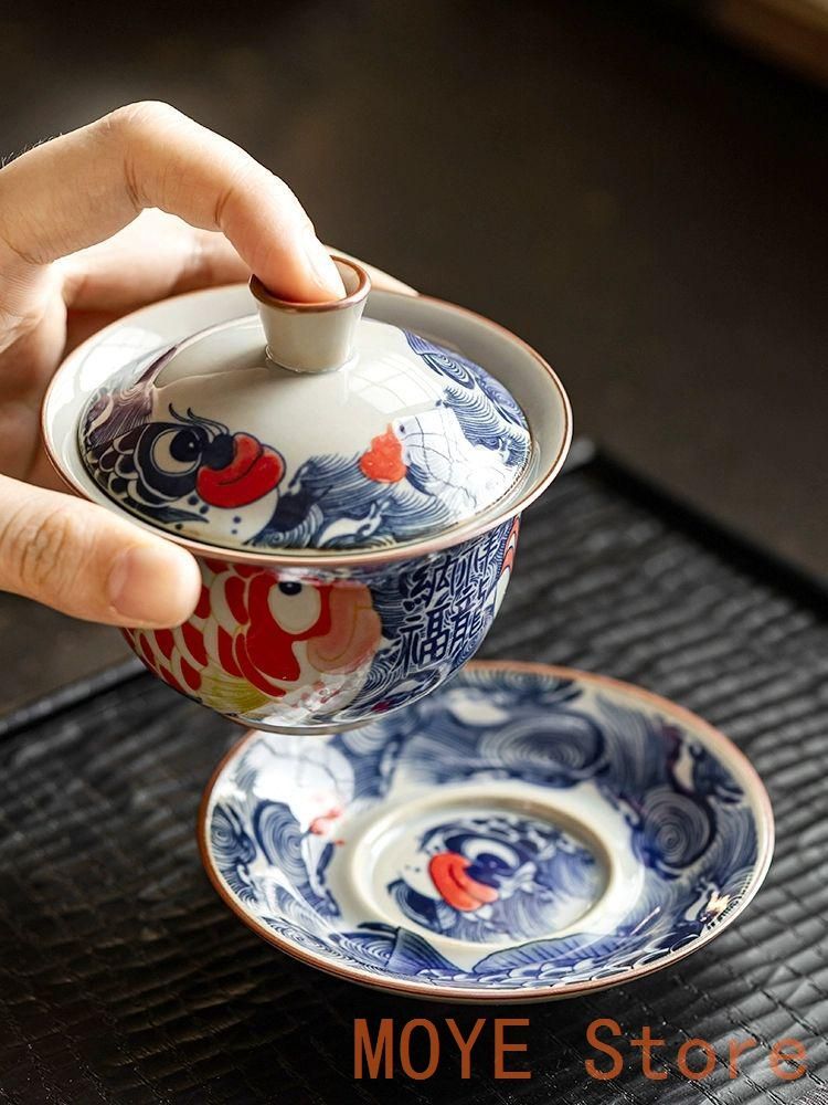 景徳鎮 青花納福竜魚三才蓋碗 茶碗 煎茶器 中国茶器 新品未使用