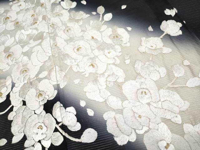 平和屋本店■最高級　夏物　訪問着　絽　総手刺繍　胡蝶蘭　枝垂れ桜　暈し染め　黒地　金銀彩　反端付き　逸品　未使用　CYAA3507s5 平和屋本店□最高級 夏物 訪問着 絽 総手刺繍 胡蝶蘭 枝垂れ桜 暈し