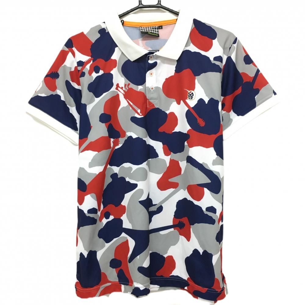 美品】ラッセルノ 半袖ポロシャツ 白×ネイビー×レッド 総柄 ルチャ  