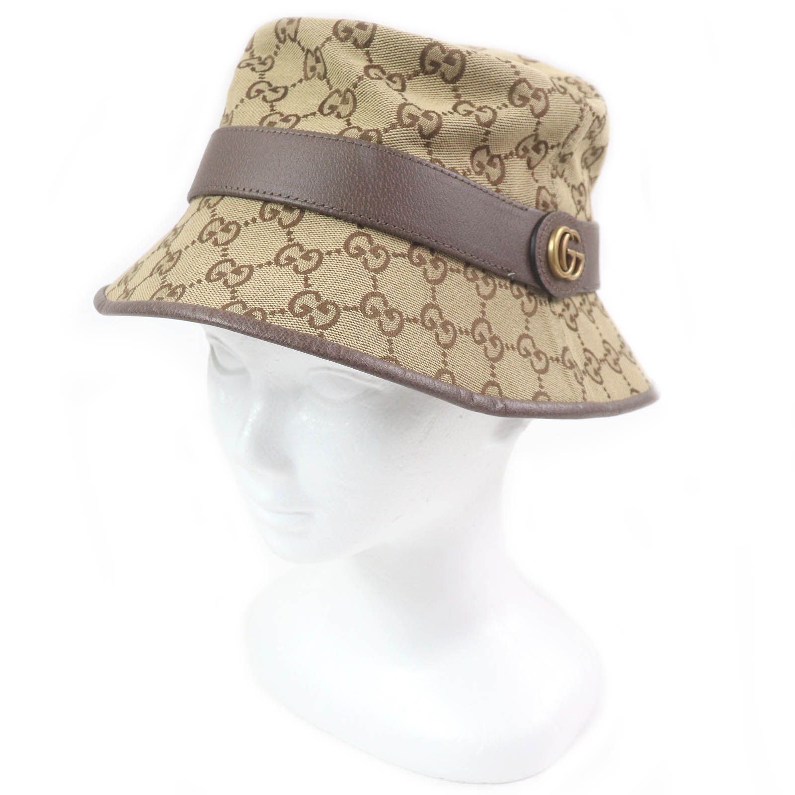 □GUCCI グッチ 576587 GGキャンバス ロゴ金具 レザーパイピング バケットハット フェドラハット ベージュ S|57cm イタリア製 メンズ