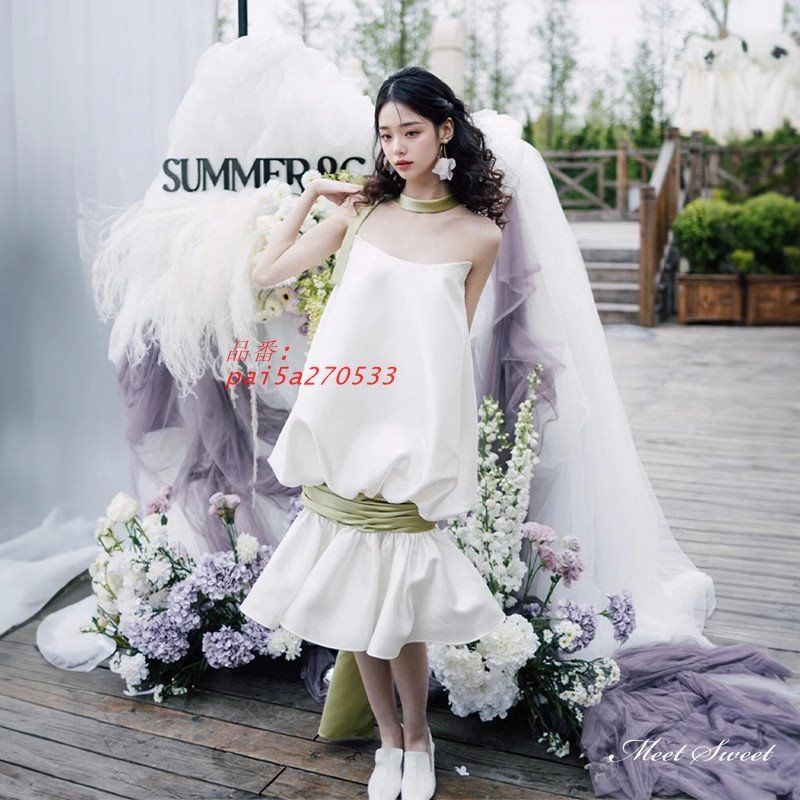 ウェディングドレス ミニドレス ミディアムドレス チューブドレス ベアトップ 二次会 ブライダル サテン ウエディングドレス 前撮り 挙式 花嫁 結婚式 pai5a270533