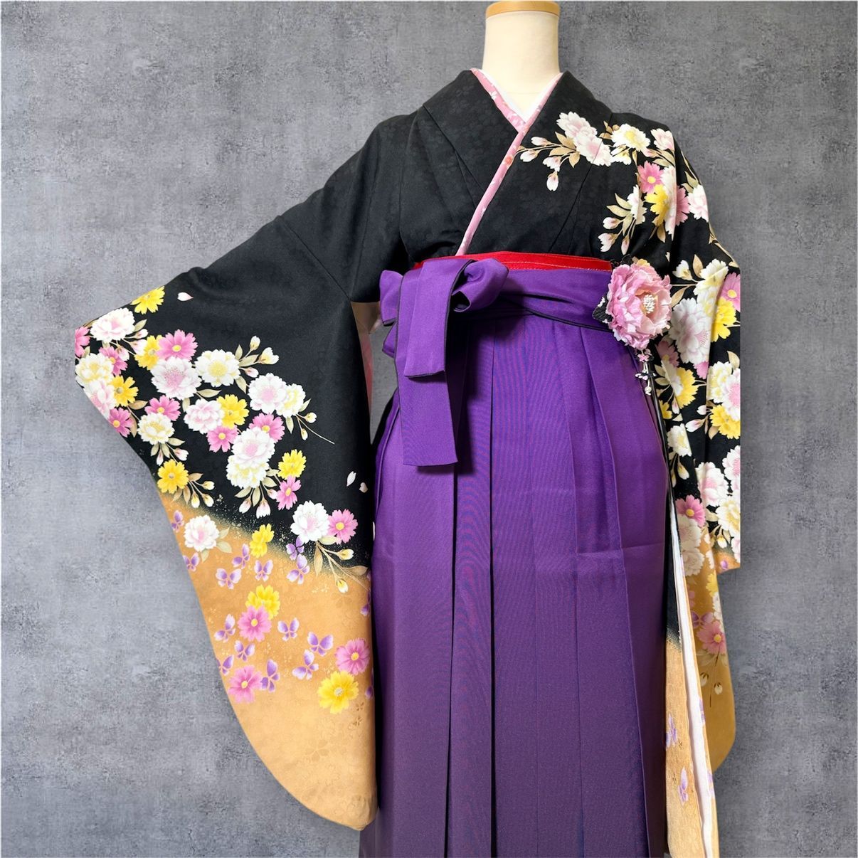 着物 袴 帯 3点セット セット販売 卒業式 に レディース袴セット 成人式 卒業式に 華やか和装 黒 ブラック 紫
