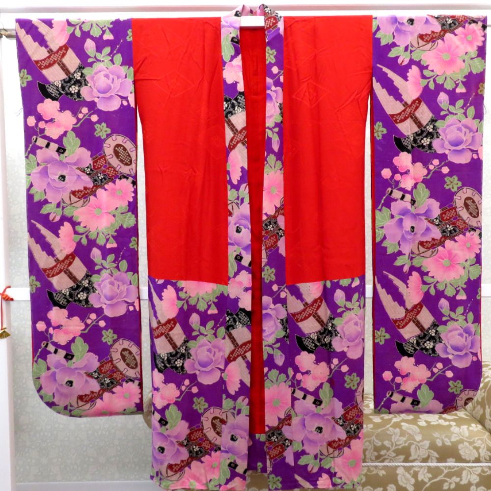 襦袢 昔 長襦袢 アンティーク バチ衿 正絹 紫 多色 和楽器 花々 紅絹