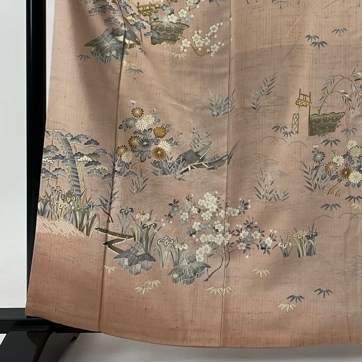 付下げ 身丈162cm 裄丈67cm M 袷 紬地 やまと 証紙 草花 舟 金彩 付下げ 身丈162cm 裄丈67cm M 袷 紬地 やまと 証紙 草花 舟 金彩