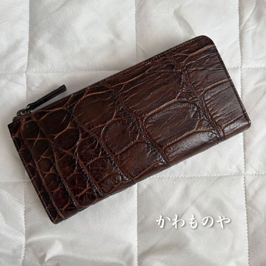 ハンドメイド 本革 クロコダイル（ワニ革）Ｌ字ファスナー長財布 ロングウォレット ブラウン 茶色 財布 クロコダイル 本革 長財布 Box Bandana 使い