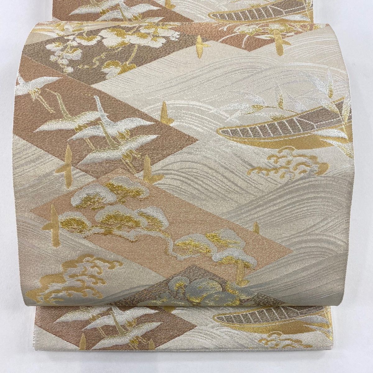 袋帯 中古品 鱗 花 金糸 箔 ベージュ 両面 博多織 袋帯 中古品 鱗 花 金糸 箔 ベージュ 両面 博多織 - メルカリ
