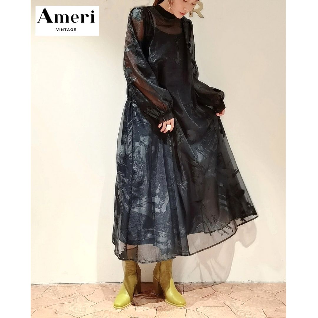 新品 AMERI VINTAGE アメリヴィンテージ RUBBER PAINT ART SHEER DRESS ラバープリント アートシアードレス  ワンピース パーティ 結婚式 ロング 黒