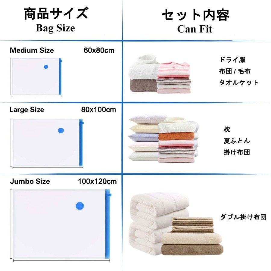 圧縮袋 大サイズ 6枚組 衣類圧縮袋 防塵防湿 カビ ダニ対策 掃除機対応