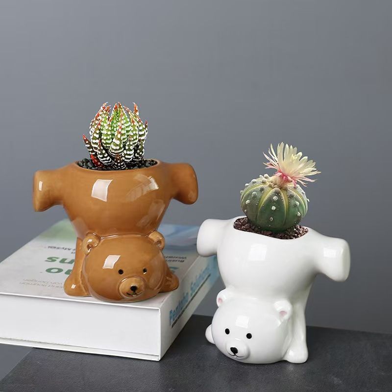 鉢植え 植木鉢 プランター プラントポット フラワーポット ガーデニング セラミック 屋内 室内 インテリア 玄関 逆立ちしているクマ くま ホワイト ブラウン ベージュ 多肉植物 サボテン ユニーク