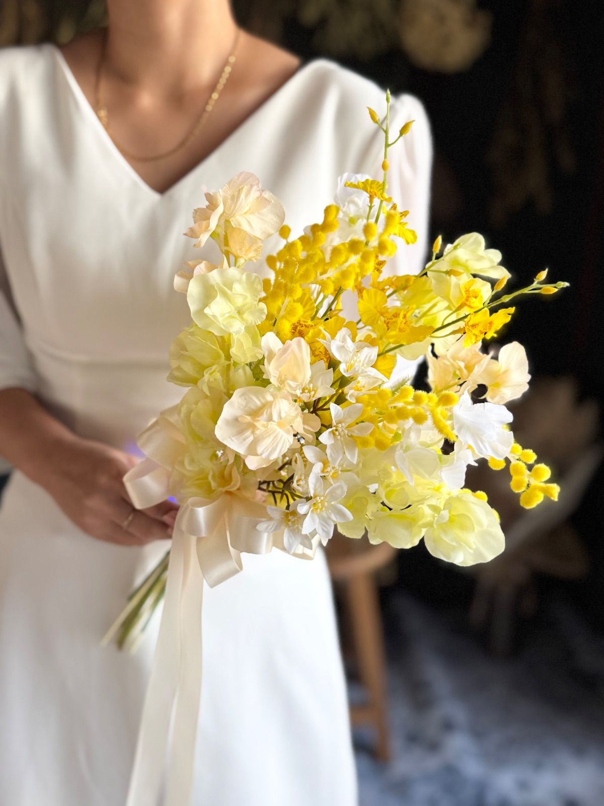 ミモザ×スイートピークラッチブーケ☆ブートニア