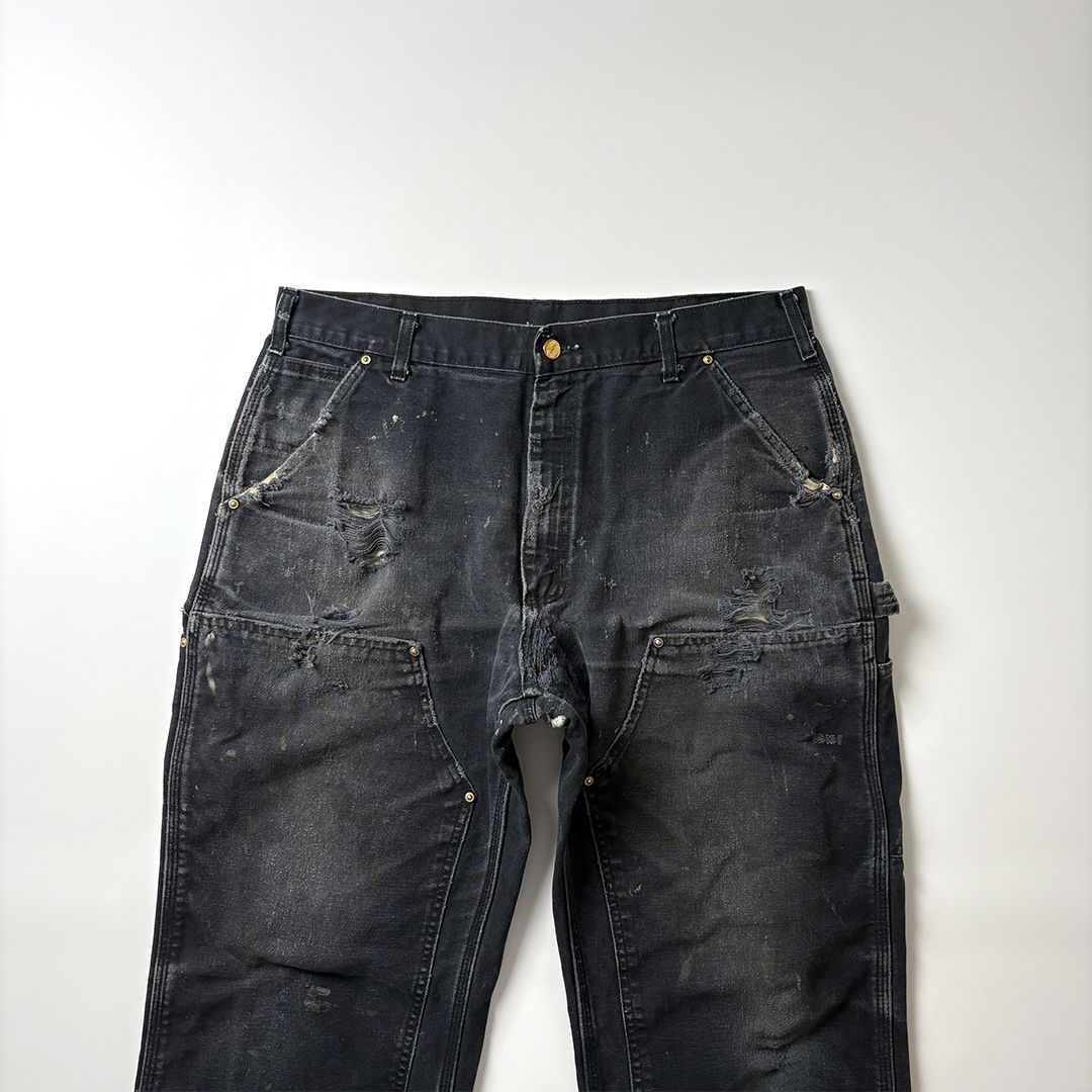 Carhartt〈ダブルニーブラックデニムパンツ フェード ワイド W30〉 90s USA製 carharttカーハート ダブルニー ダック地 ペインターパンツ