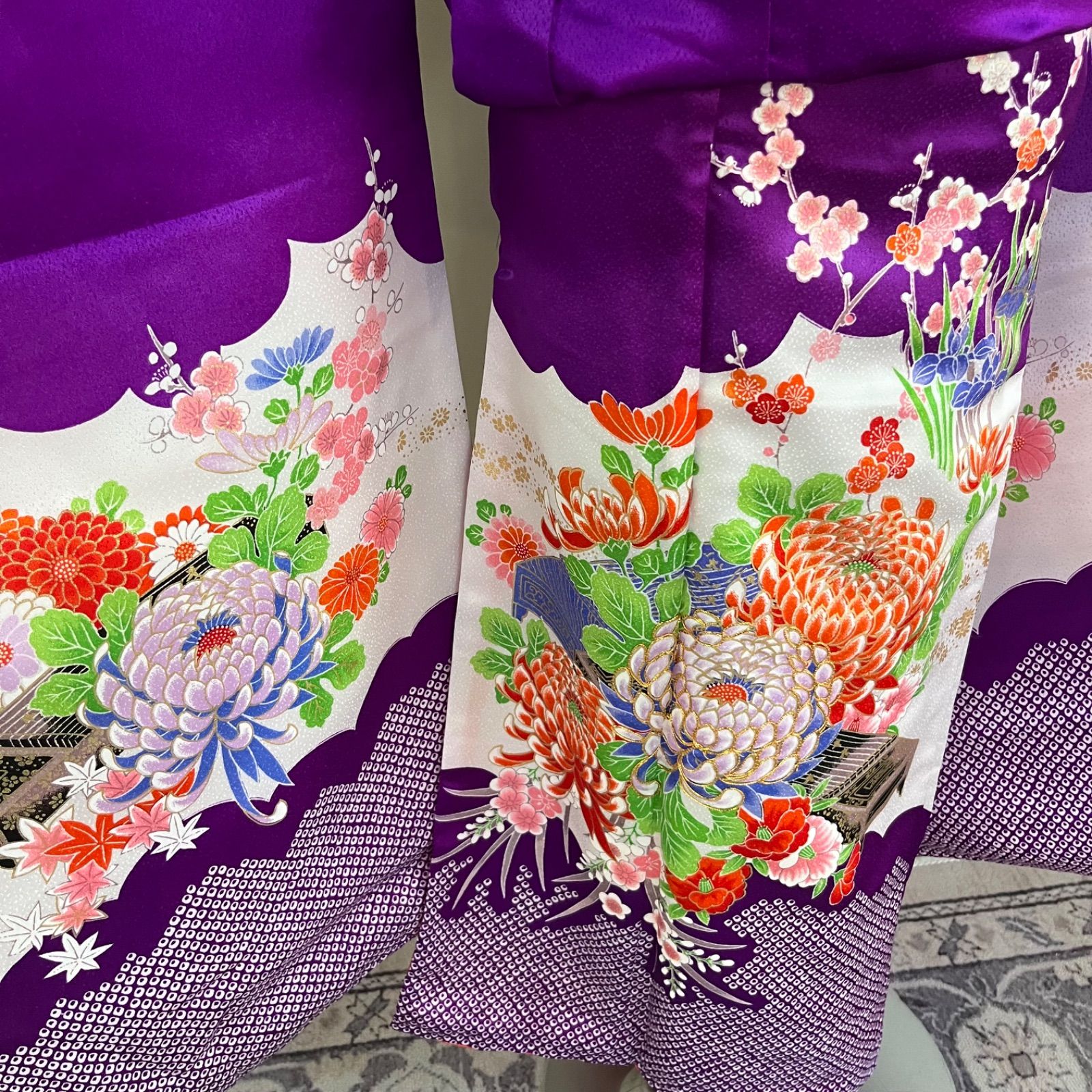 七五三 7歳女の子 着物 四つ身 紫 半襦袢 帯セット 帯揚げ帯締め付き