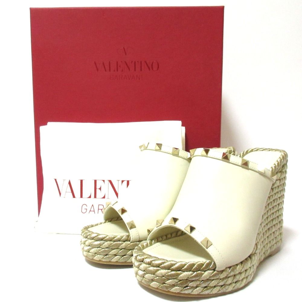 VALENTINO GARAVANI ヴァレンティノガラヴァーニ レザー ロックスタッズ ウエッジソール サンダル 38 約25cm ホワイト レディース 古着