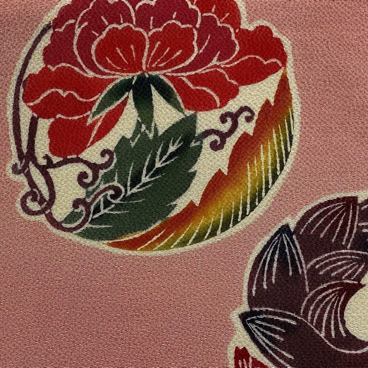 付け帯 秀品 作り帯 草花 花丸文 縮緬 ピンク 正絹