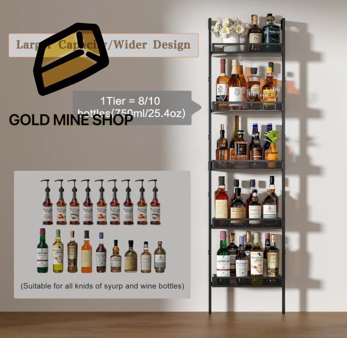 5段自立式ワインラック 50本ワインラックシェルフ壁取り付けフェンス ワインボトルホルダーディスプレイシェルフ キッチン ダイニングルーム バー 木製 リカーストレージ 長さ17.28インチ×幅7.95インチ×高さ68.5インチ