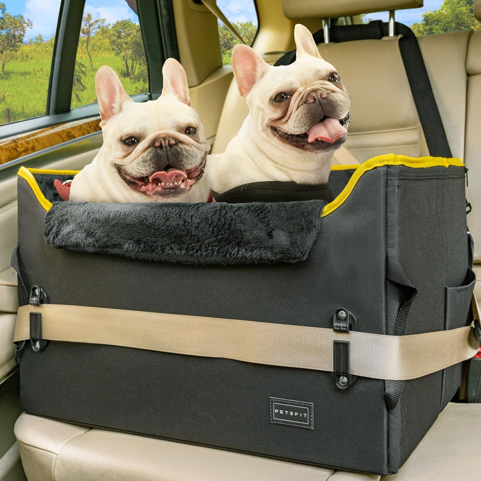 petsfit ペットドライブボックス ドライブシート カーシート ドライブベッド 犬 車用 ネコ ドライブケージ 飛び出し防止 シートベルト付き 裏起毛 折り畳み ブラック イエロー