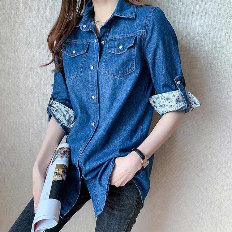 デニムシャツ レディース 裏花柄 デニム ロングシャツ ロール