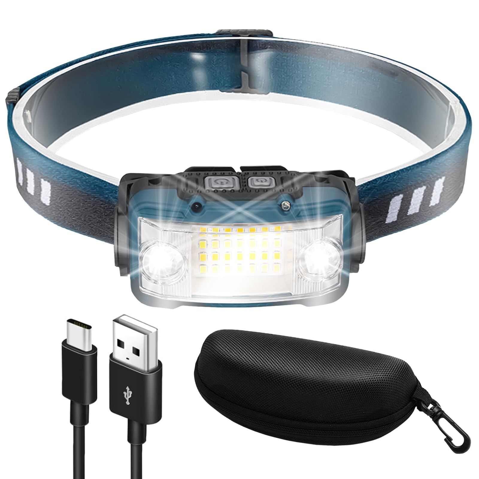 Cercano ヘッドライト USB充電式 ネックライト 高輝度 USB 超広角 軽量 小型 センサー搭載 LED 防災 防水 キャンプ 登山 ハイキング 釣り (Blue)