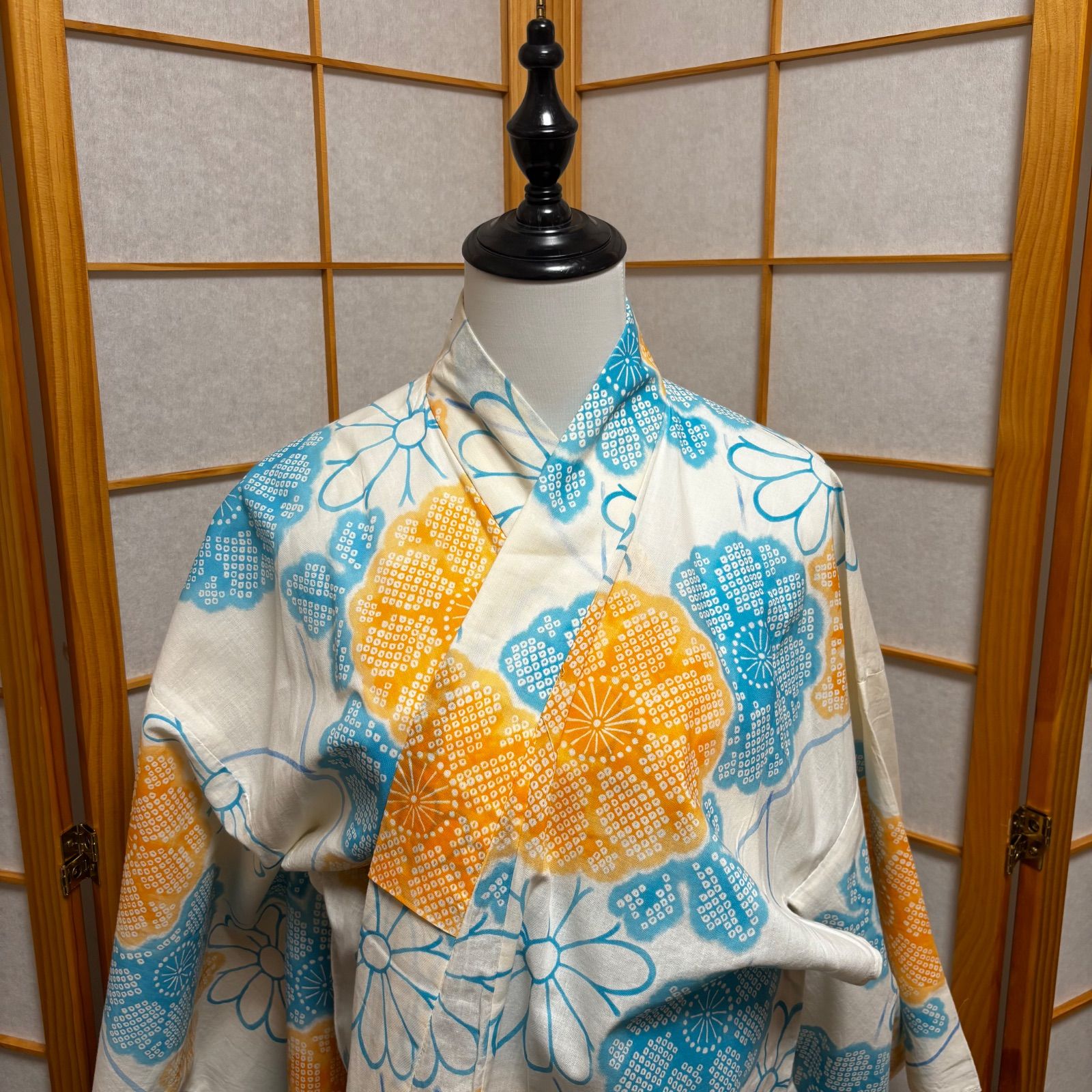 浴衣 水色 オレンジ 綿 身丈161cm 花柄 絞り柄 レディース モダン