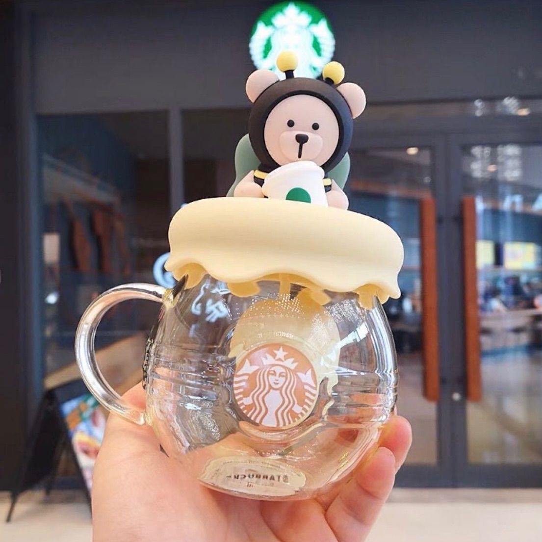 スターバックス海外限定】ハチシリーズ 茶こし付き マグカップ ガラス 