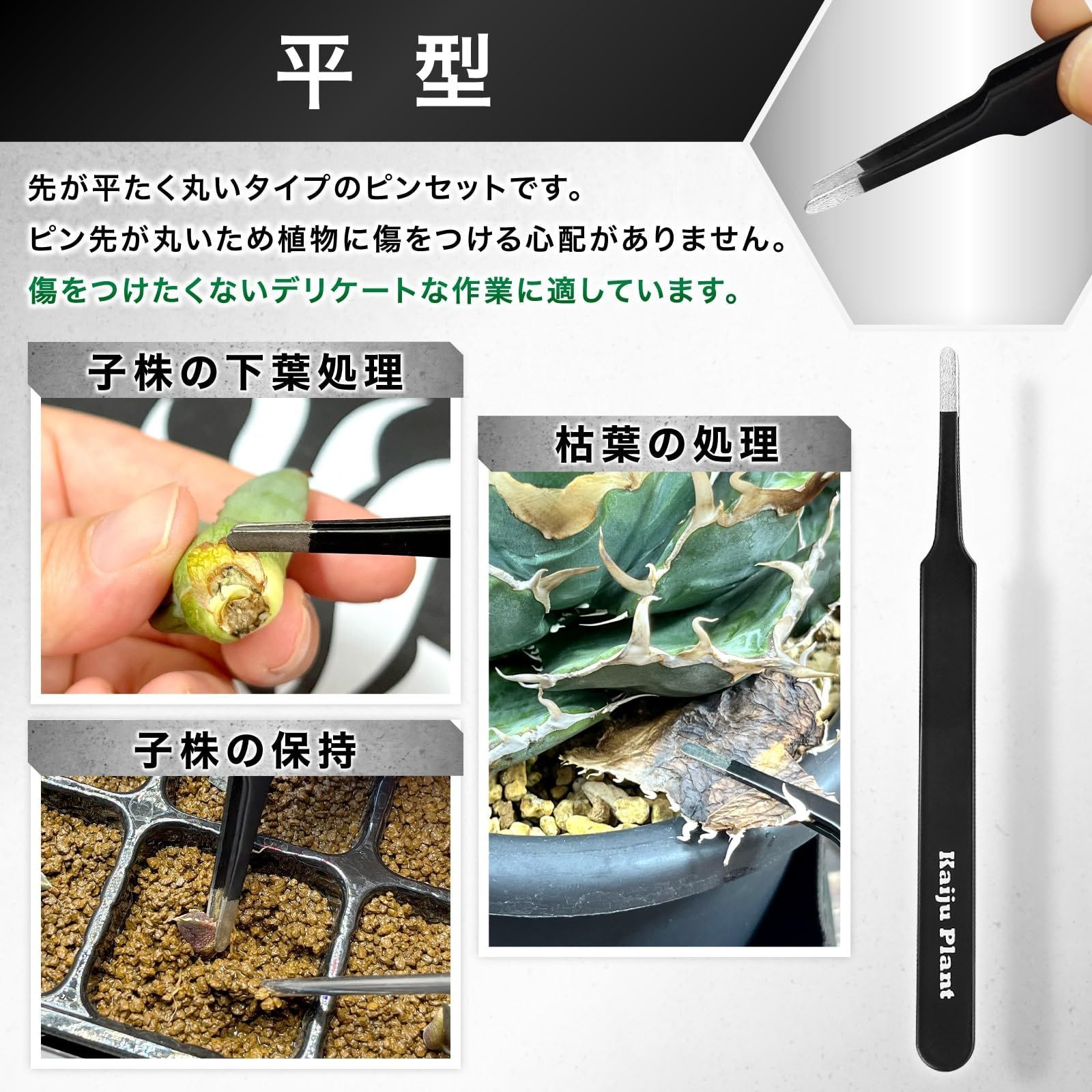 Kaiju Plant ピンセット 4種 + 根かき棒 植替え 美しく仕上げる 多肉 アガベ サボテン 園芸 DIY ポーチ付き ステンレス
