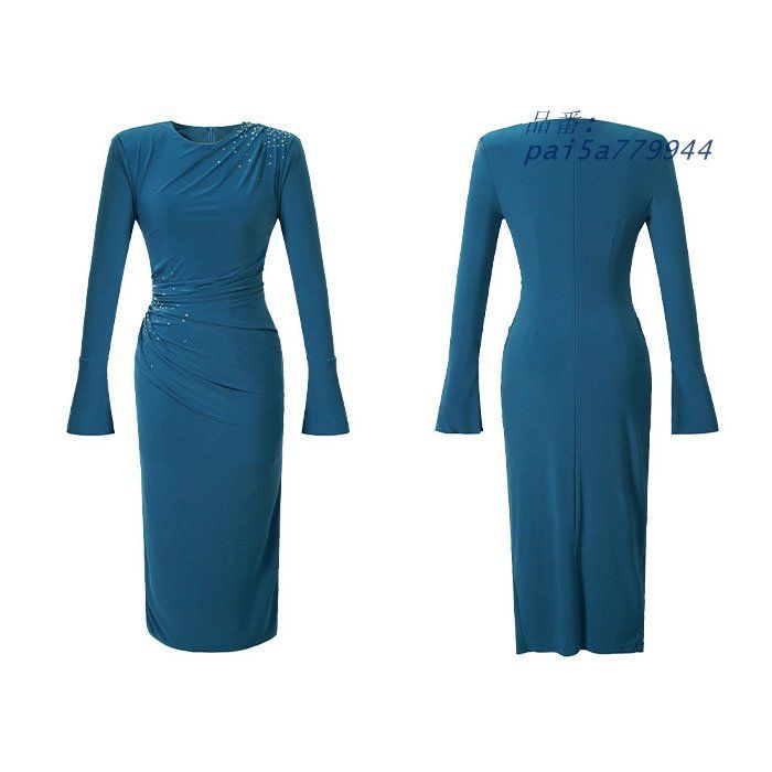 ウエストギャザー ビジュー 長袖ロングタイトワンピース 青 セクシー タイトワンピース ドレス キャバ レディース 韓国 スナック pai5a779944 USTAUSTRALIA_COM_AU