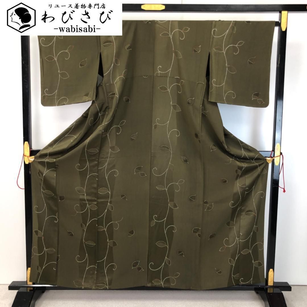 単衣 小紋 縦柄唐草模様 柳煤竹茶色 ガード加工 K-5360