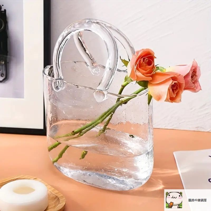 新しい未使用 1個 花用ガラスハンドバッグ型花瓶 ハンドルと泡