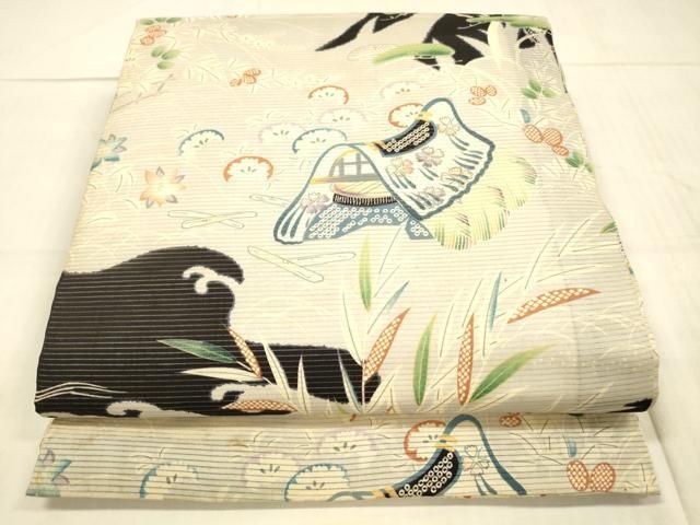 平和屋着物＊夏物 アンティーク 大正ロマン 丸帯 風景鹿の子草花文 黒地 正絹 DAAW4512cm